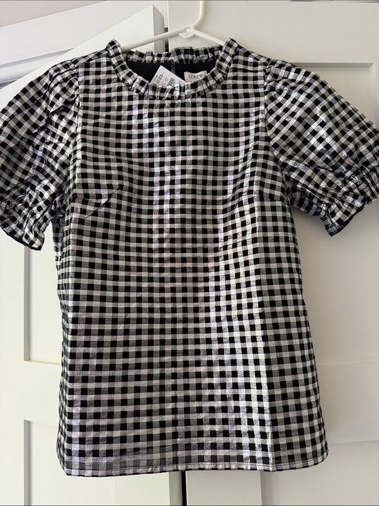 J. Crew Tops - J. Crew Black & Silver shine Gingham Puff-Sleeve Blouse